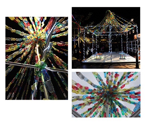 3 different angles on an art installation made of colourful plastic bottles